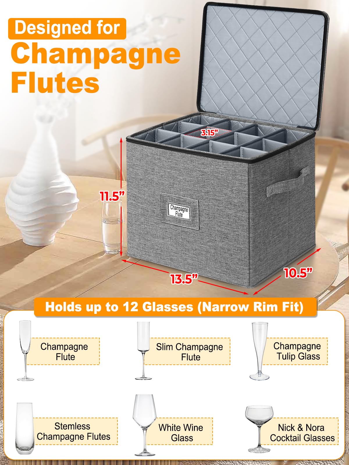 punemi Champagne Flute Storage Container, 2 Pack Wine Glass Storage Box w/Hard-Shell Top, Bottom & Sides, Dividers, Stackable Glassware Storage Container for Champagne, White Wine & Stemware