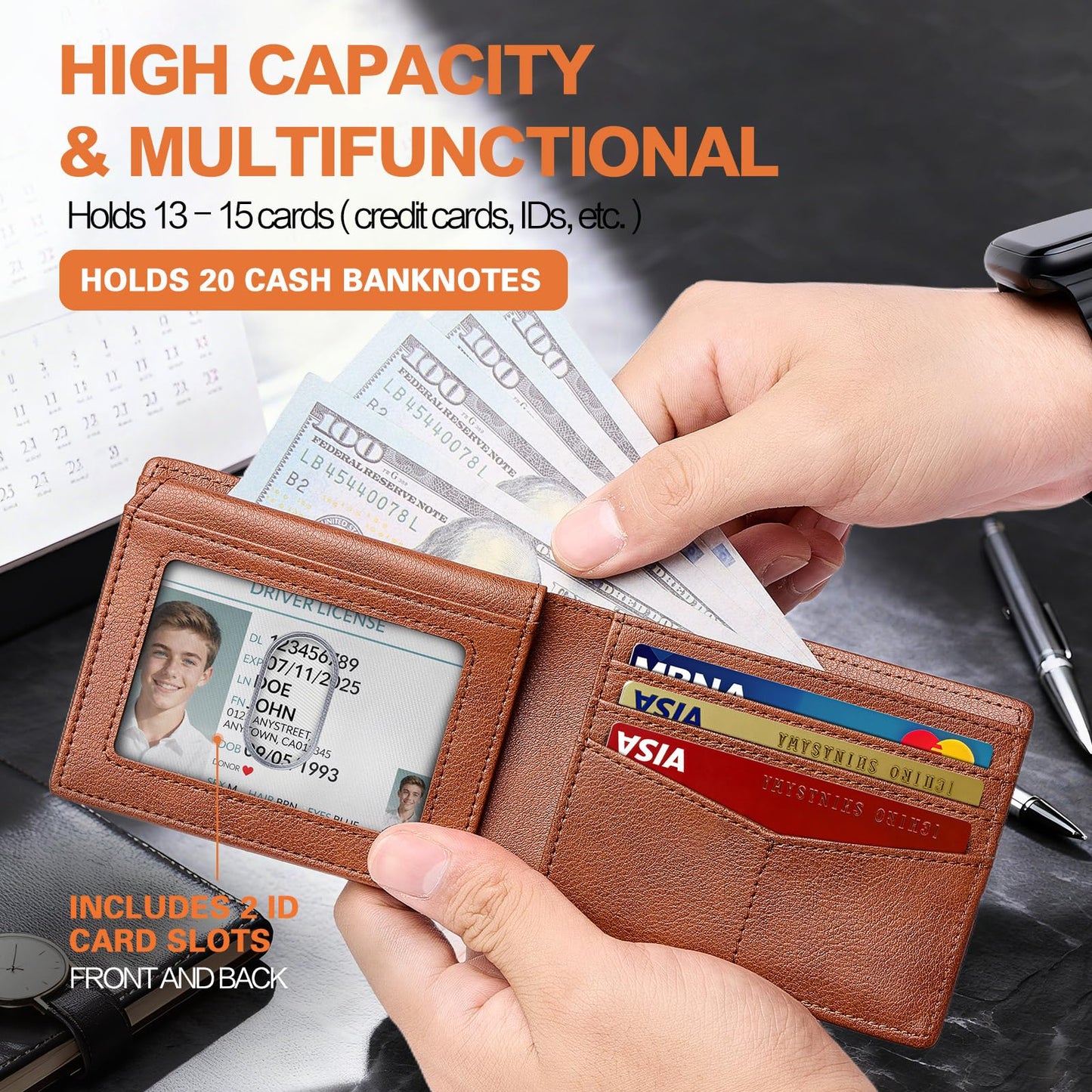 Wallet for Men Slim RFID Blocking Bifold,Minimalist Wallet Small Compact Front Pocket Credit Card Holder,Thin Mens Leather Wallets Smart Security With 2 ID Windows 1 Cash,Birthday Gifts for Men