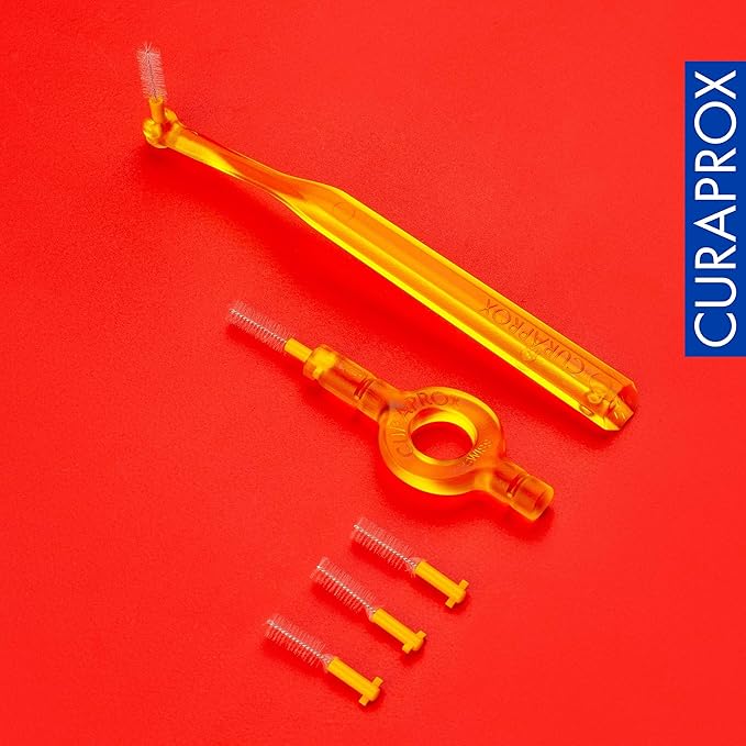 Curaprox CPS 09 Prime Start Interdental Brushes Set, 5 Interdental Brushes CPS 09 + 1 UHS 409 Holder + 1 UHS 470 Holder, 0.9 mm Diameter, 4 mm Effectiveness, Yellow