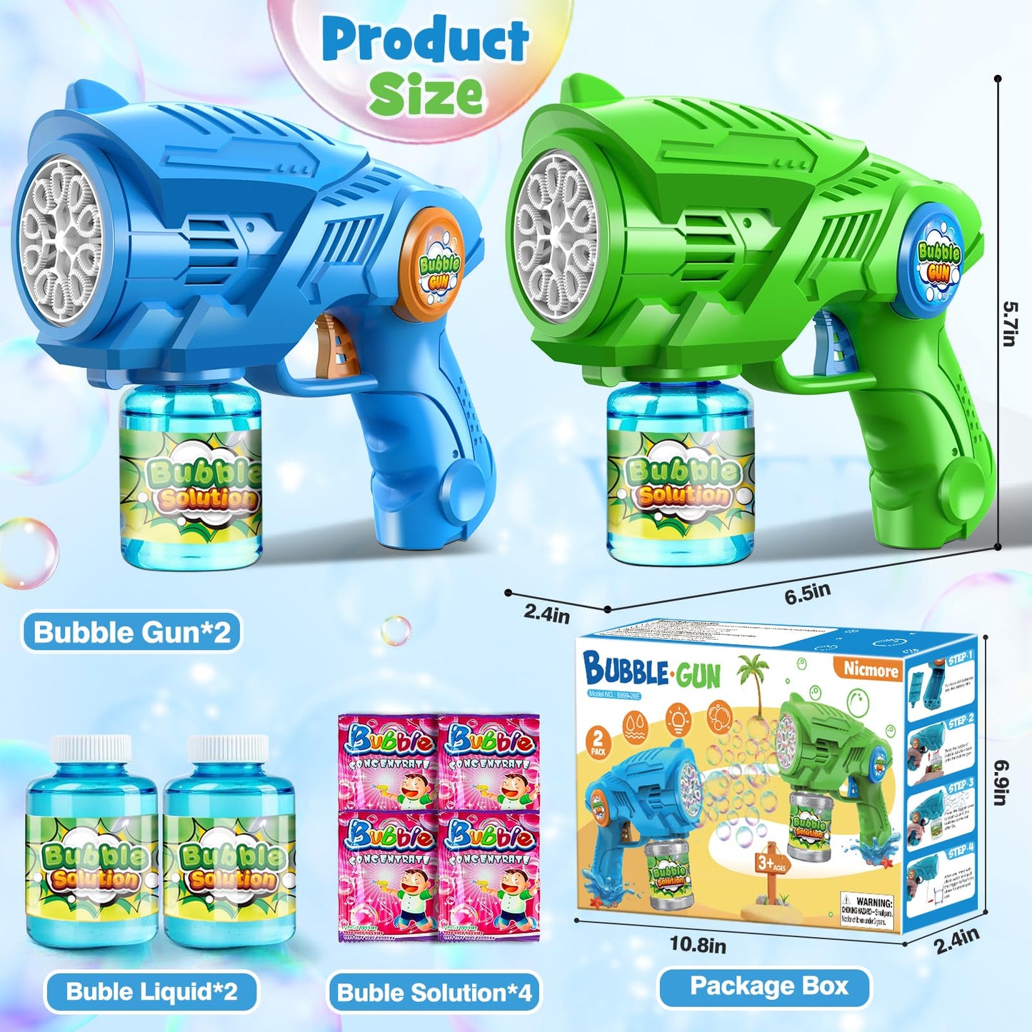 Bubble Gun Machine for Kids 4-8: 2-Pack Automatic Bubble Guns with 2 Bottles Refill Solution - Summer Outdoor Toys Bubble Blaster Maker Blower for Easter Party