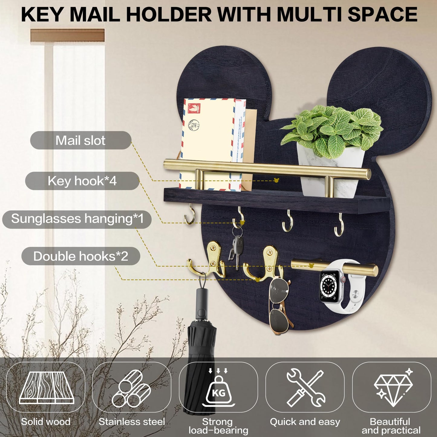 AIRPOP Key Holder for Wall–Mouse Wooden Mail Organizer Wall Mount with Shelf and 6 Hooks, Easy Installation Key Rack Hanger for Entryway Living Room Home Decor (Black)