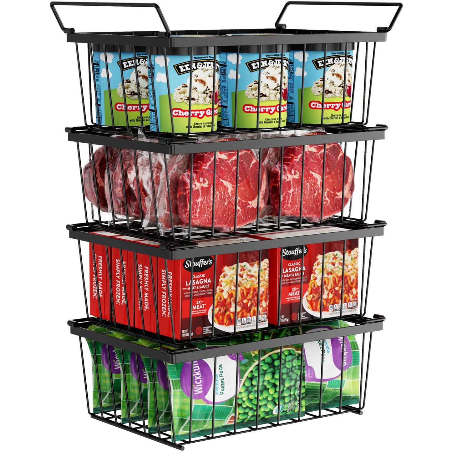 iSPECLE Freezer Organizer Bins - 4 Pack Stackable Deep Freezer Organizer Bins for 5 Cu.Ft Chest Freezer Sort Frozen Food, Heavy Duty Metal Storage Bins with Handles, Easy Access without Digging