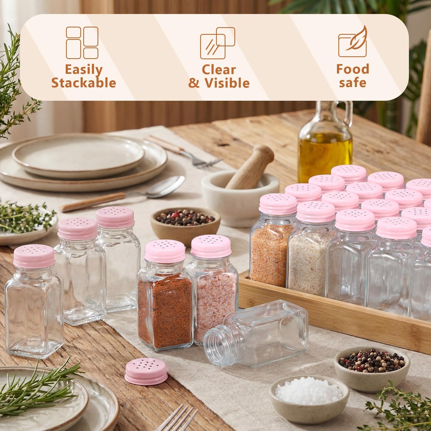 Bokon 48 Pack Glass Salt Shaker Bulk with Stainless Lids 2.7oz Small Spice Shaker for Kitchen Restaurants and Catering Wedding Party Supplies (Pink,Classic)