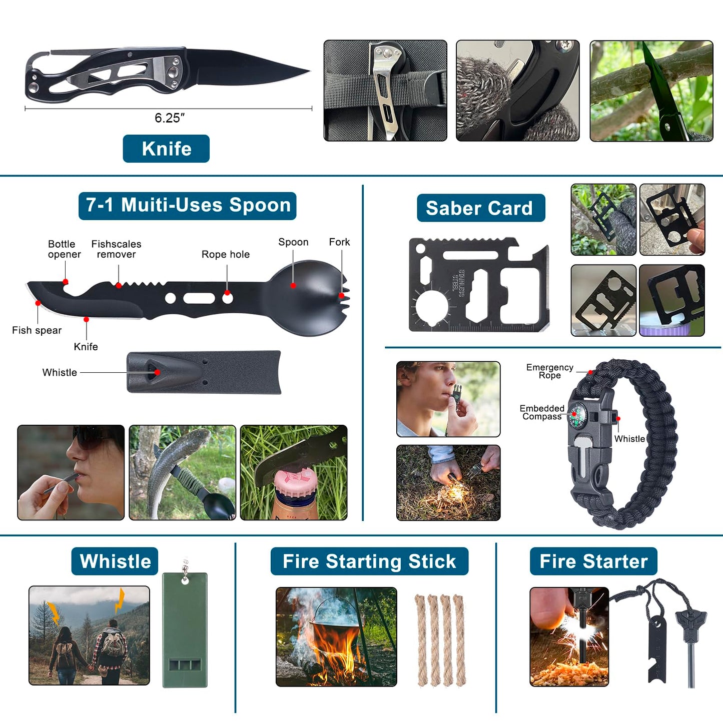 254 in 1 Survival Kit, First Aid Kit Survival for Outdoor Emergencies Includes Hatchet, Shovel, Flashlight, Tools Ideal for Camping, Hiking, Travel Gift for Men