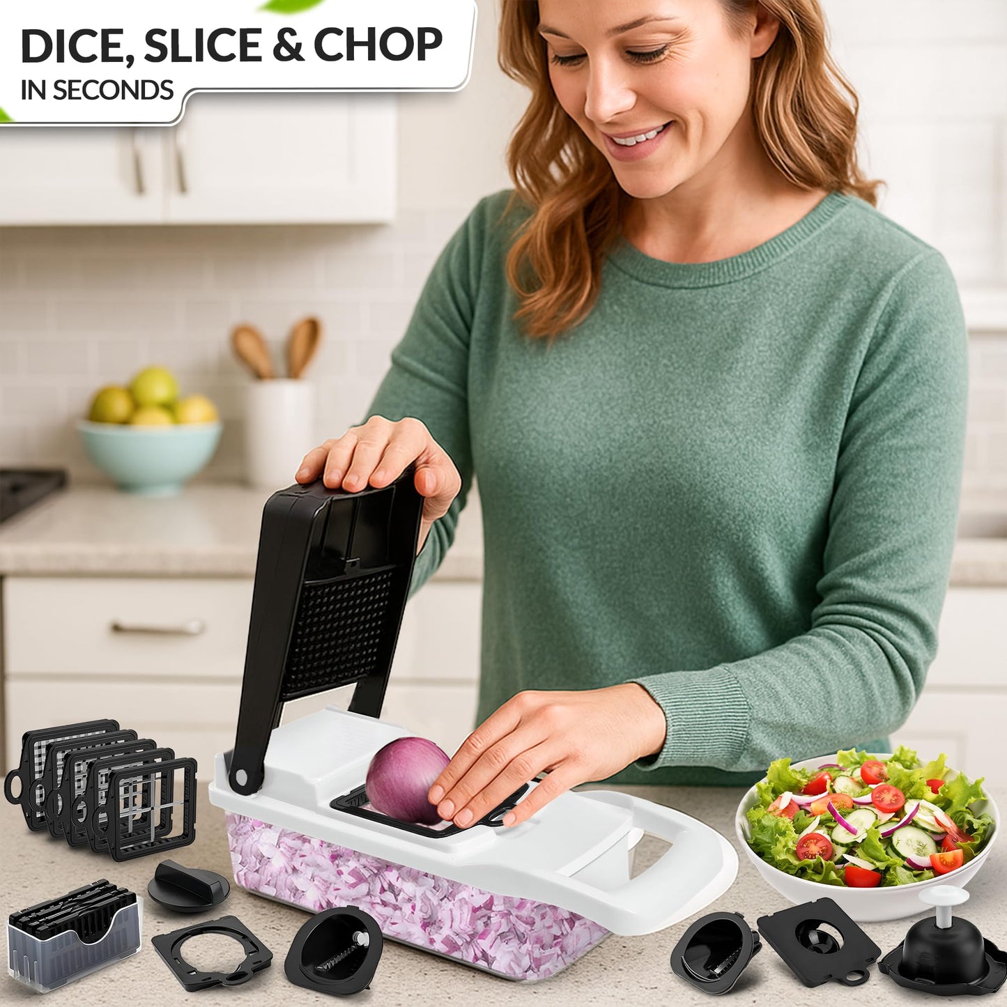 Multifunctional Vegetable Chopper with Container - 12 in-1 Adjustable 8-Blade Fruit & Veggie Chopper with Mandoline Slicer & Dicer | Kitchen Gadgets Food Cutter for Potato, Tomato & Onion (White)