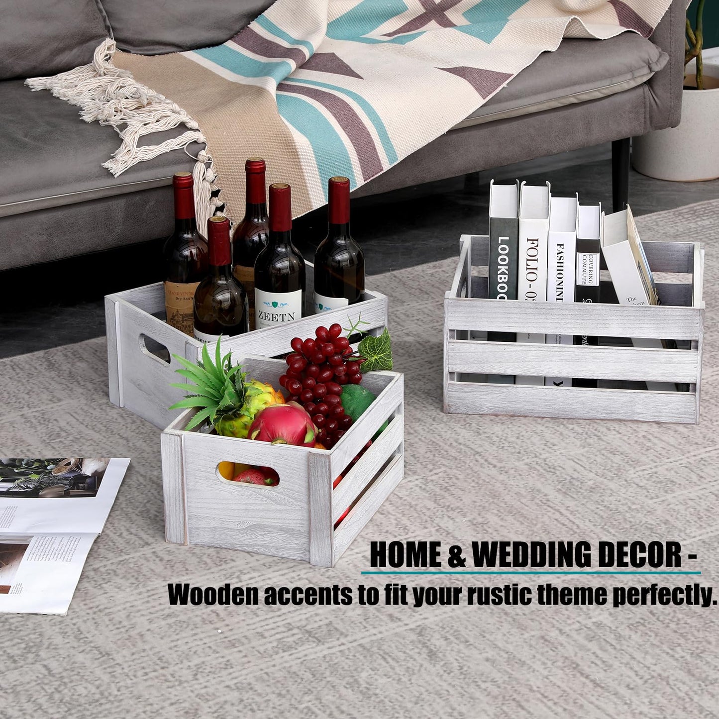 LKMANY Storage Crates 3 Pcs Wooden Crates Decorative Boxes,Nesting Storage Container Rustic White,Boxes for Storage, Display,Decor