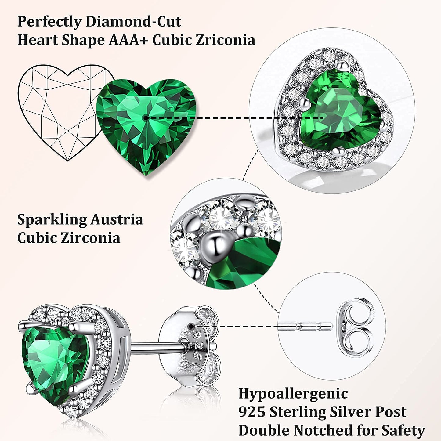 Bestyle Heart May Emerald Birthstone Earrings Green Studs Embellished with White Crystals Sparkling Ear Jewelry for Birthday/Christmas/Party/Anniversary/Wedding