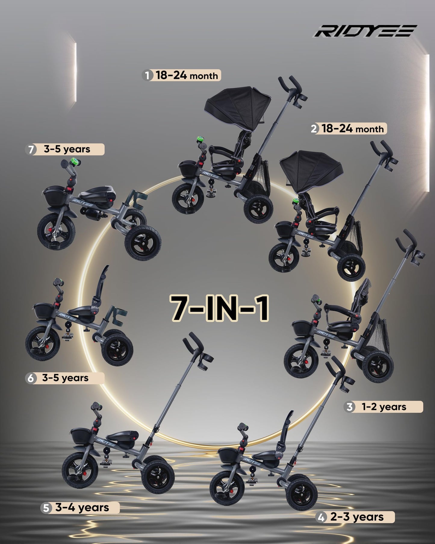 RIDYEE 7-in-1 Folding Toddler Tricycle for 18 Months to 5 Years, Tricycle Stroller with Dual Brakes, All-Terrian Rubber Tire, Tricycle for Toddlers with Rotatable Seat, Adjustable Push Handle, Grey