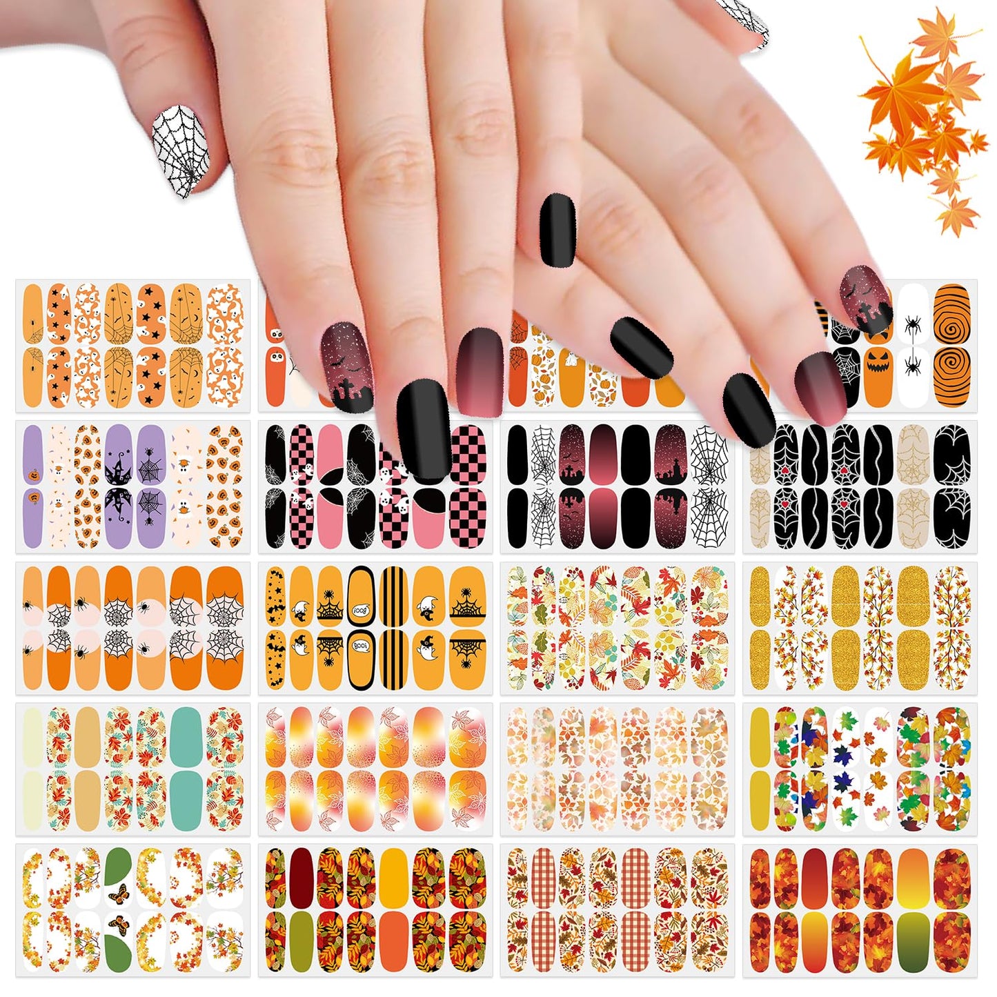 SILPECWEE 20 Sheets Nail Polish Stickers Full Nail Wraps for Women Fall and Halloween Nail Stickers Stick on Nail Polish Strips Gel Fingernail Manicure Design Self Adhesive with File