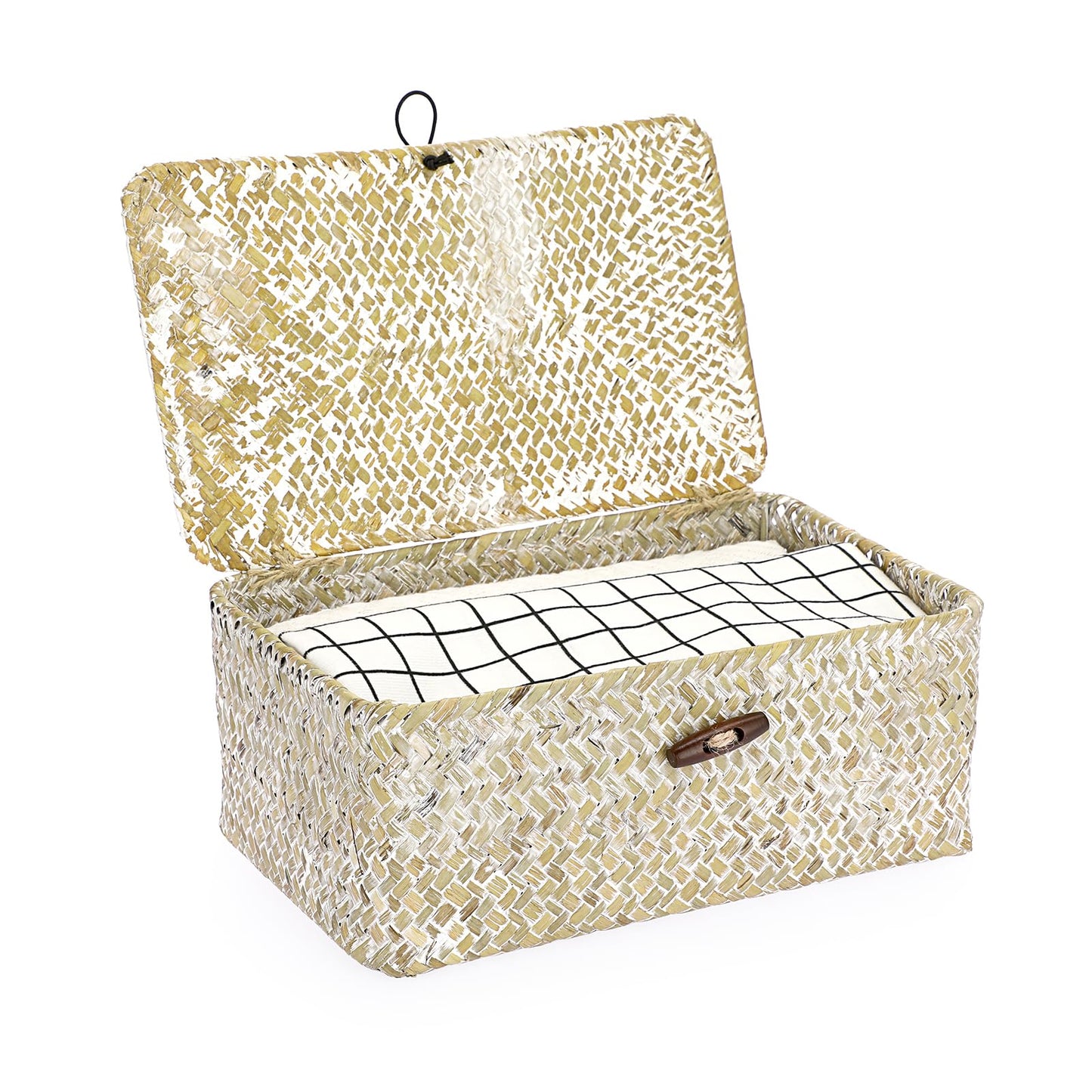 Hipiwe Wicker Shelf Baskets Bin with Lid Natural Seagrass Basket Storage Boxes Small Woven Basket Multipurpose Home Organizer Bins Box for Shelf Closet Bedroom Living Room Home Decor, Whitewash