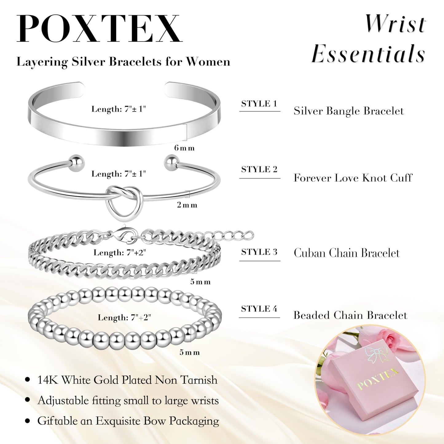 Silver Cuff Bracelets Stack for Women, Silver Plated Bangle Link Chain Bracelets, Trendy Waterproof Jewelry Gifts Adjustable