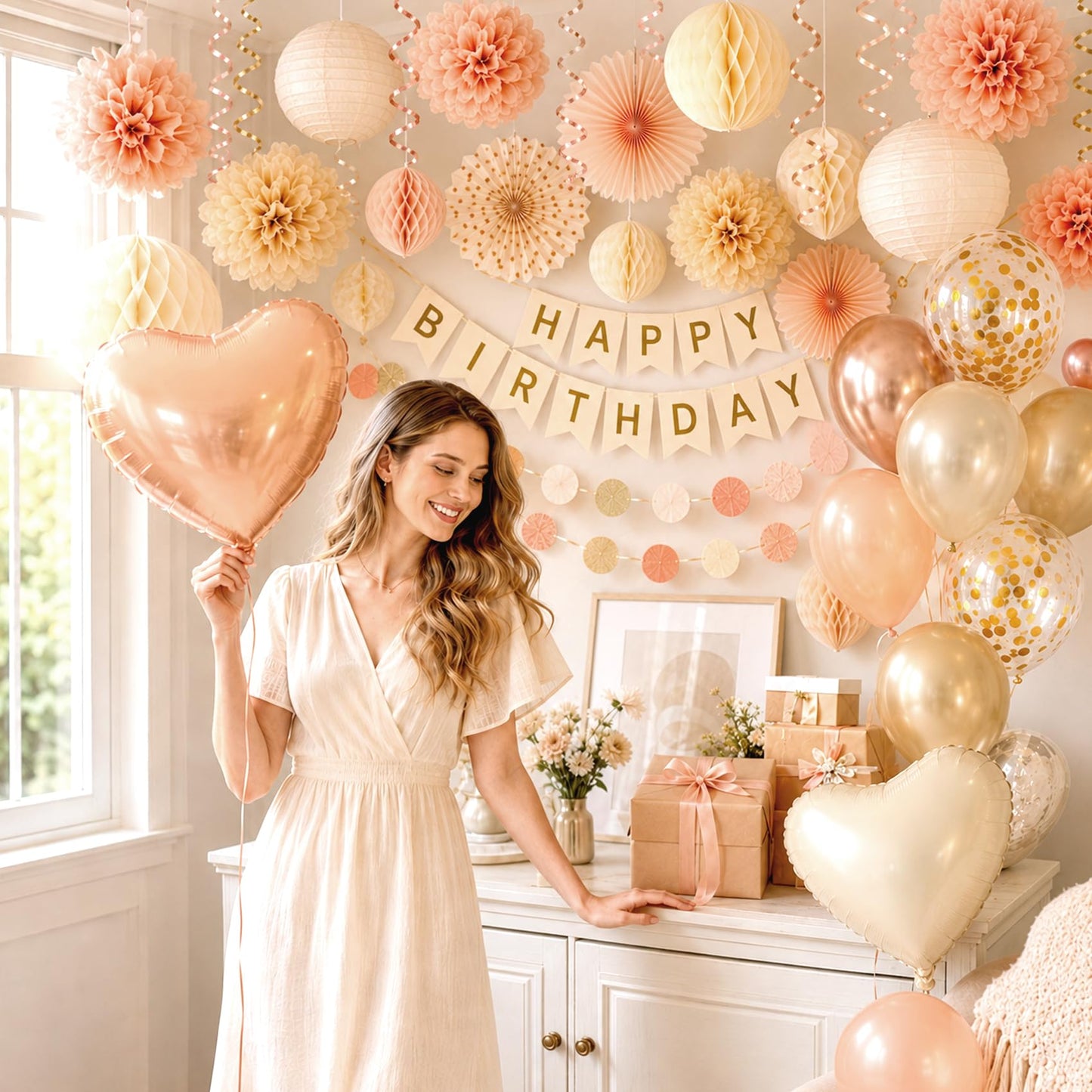 64Pcs Birthday Party Decorations Happy Birthday Banner, Paper Lanterns, Streamers, Tissue Pom Poms, Party Balloons, Rustic Backdrop Decor (Champagne-Gold Beige)