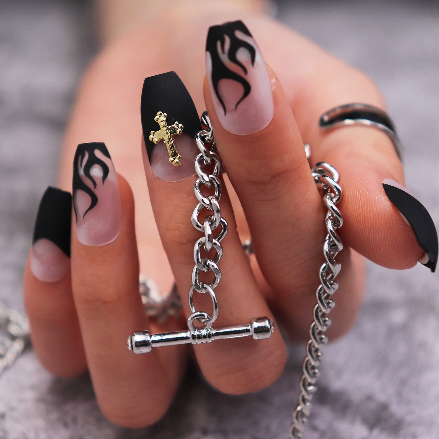 MISUD Press on Nails - Medium Coffin Glue on Nails with Goth Black, Acrylic Gothic Cross Design 24 pcs