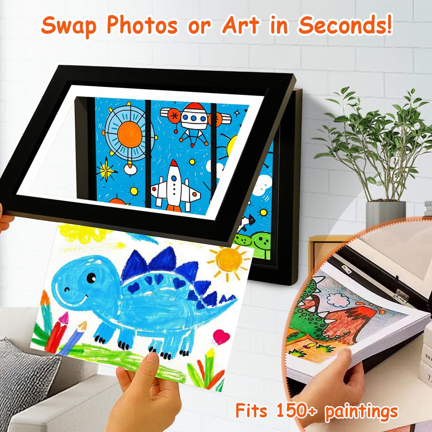 (2-Pack) Kids Art Frames Changeable, 8.5x11 Front Opening Kids Artwork Frames for Wall, Black Artwork Display Holds 150 Pcs for 3D Picture, Art Crafts, Hanging Wall Decor