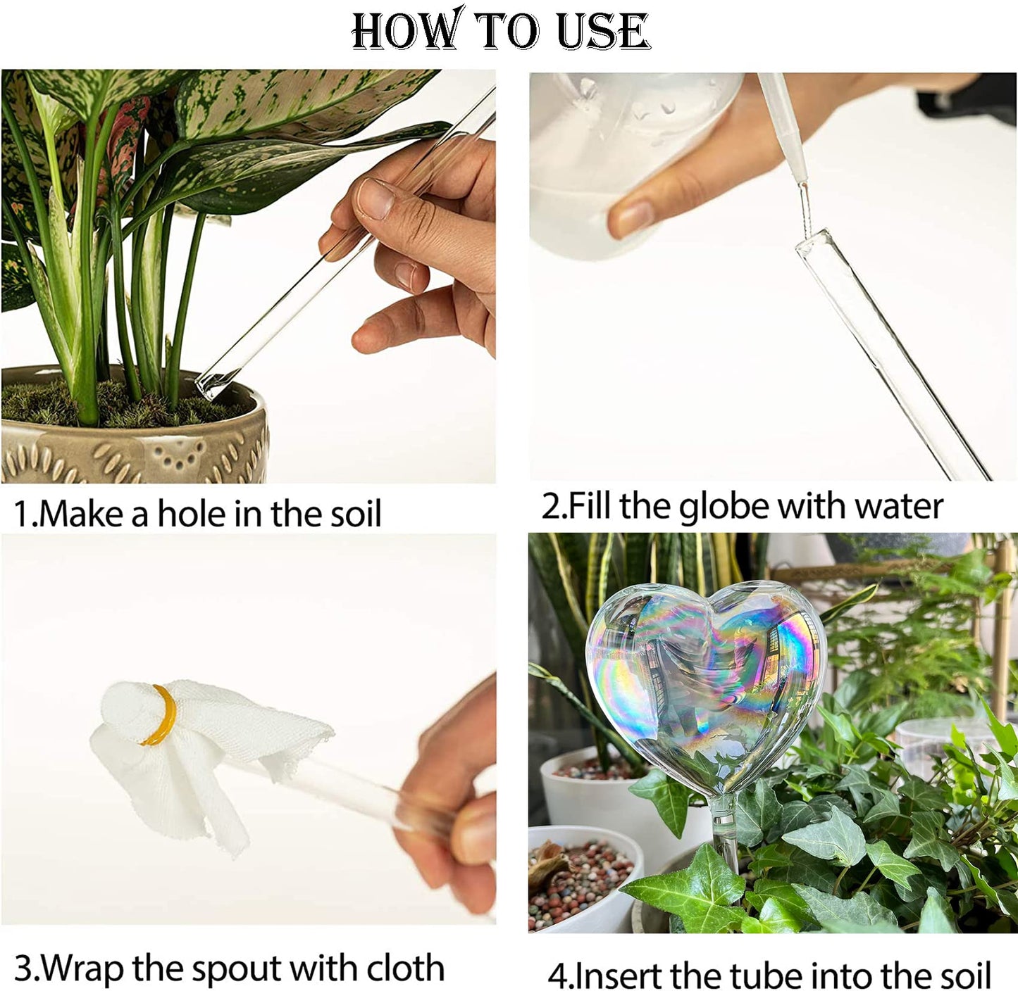 Kingbuy Self Watering Spikes Plant Watering Globes Iridescent Color Heart Shaped Glass Water Bulbs Devices for Plants, 2 Pack