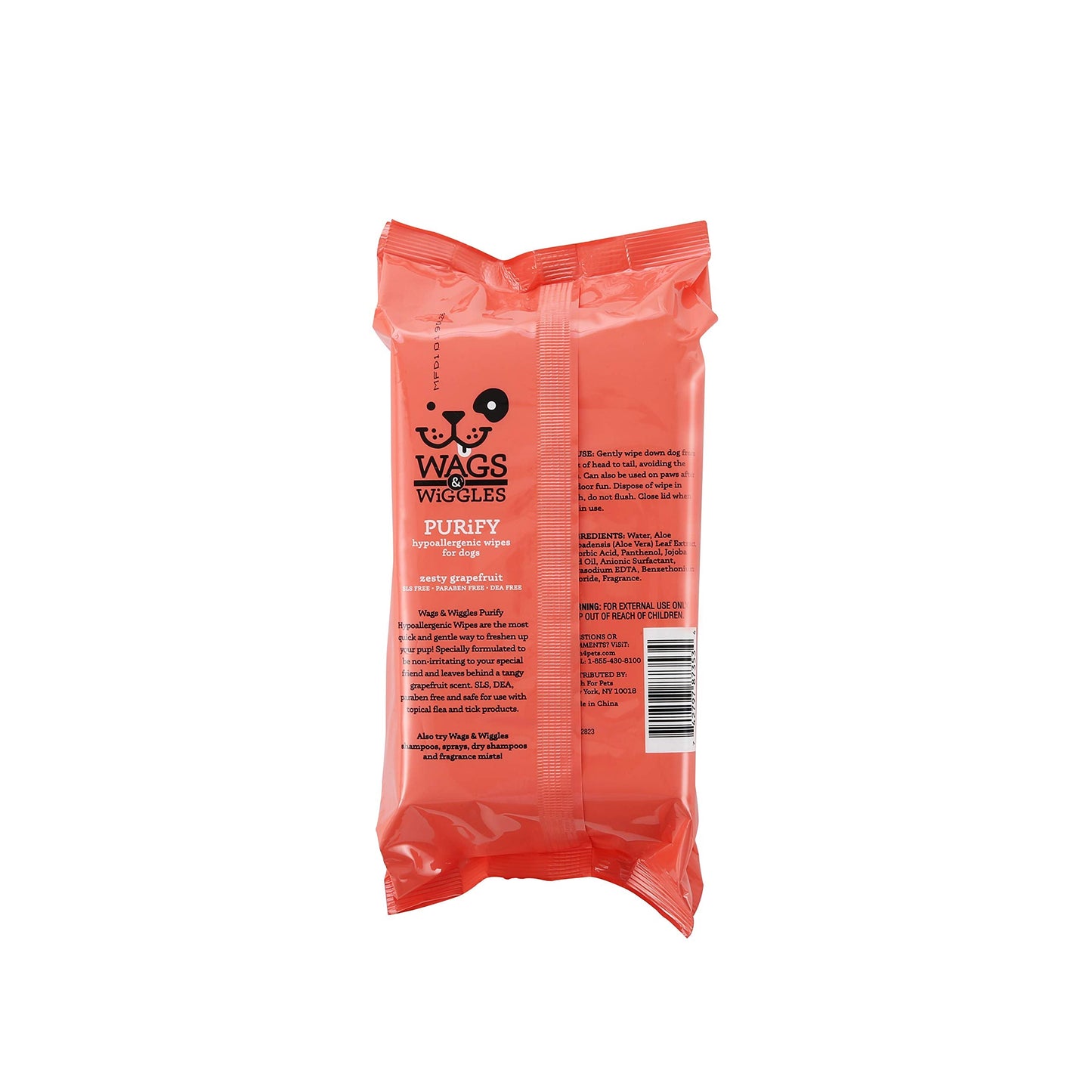 Wags & Wiggles Purify Hypoallergenic Dog Wipes for Sensitive Skin, Paw and Body Grooming Wipes with Gentle Plant Based Formula for Everyday Cleaning, Zesty Grapefruit Scent, 100 Count