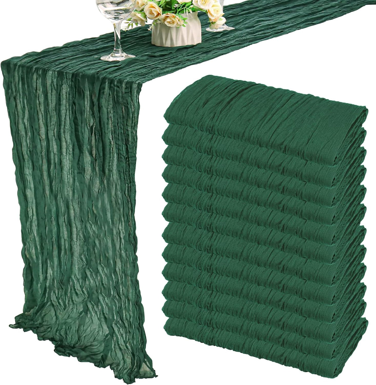 12 Pack 13Ft Cheesecloth Table Runner 35x157 Inch Boho Gauze Table Runner Cheese Cloth Long Rustic Table Runners for Wedding Bridal Shower Birthday Party Table Decor (Dark Green)