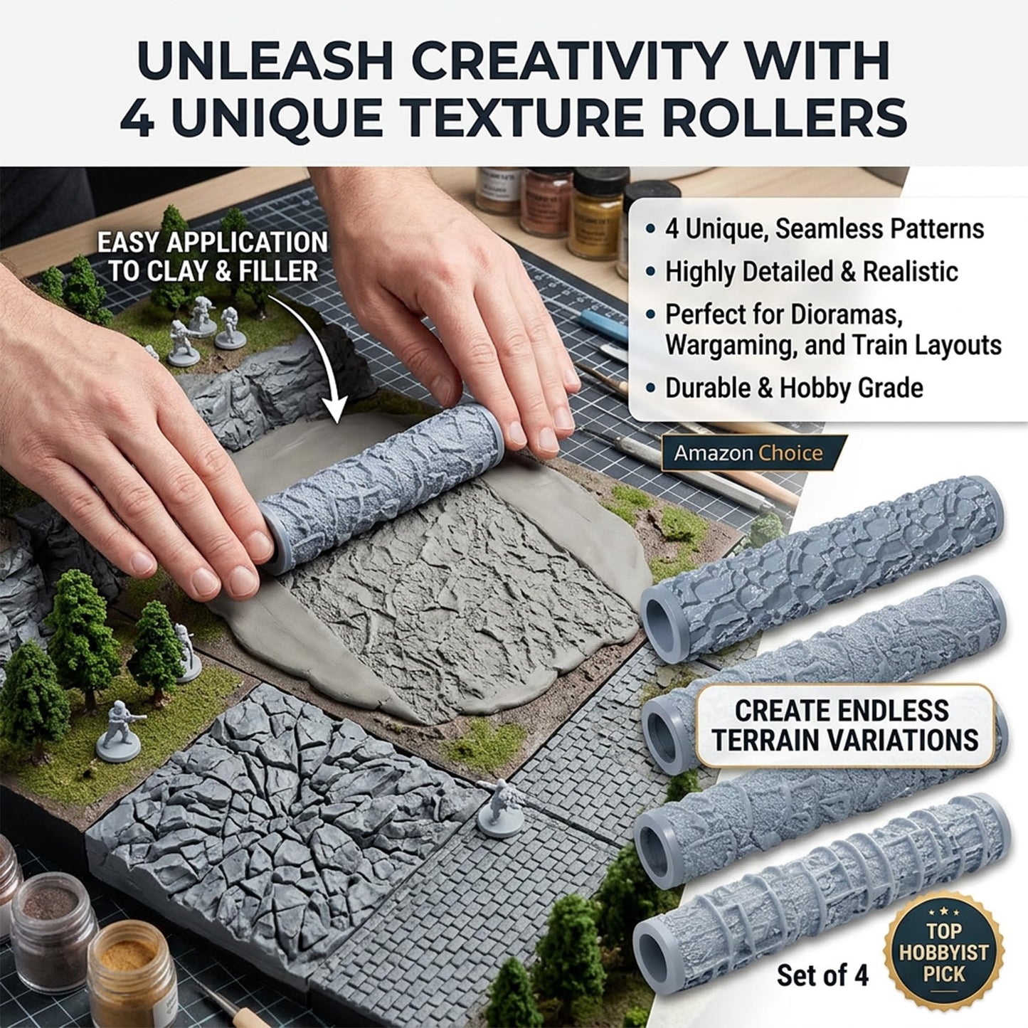 Warmtree 4 Pcs Terrain Texture Roller Set Polymer Clay Texture Roller for DIY Modeling Scenic Terrain Wall Road Model Miniatures Landscape