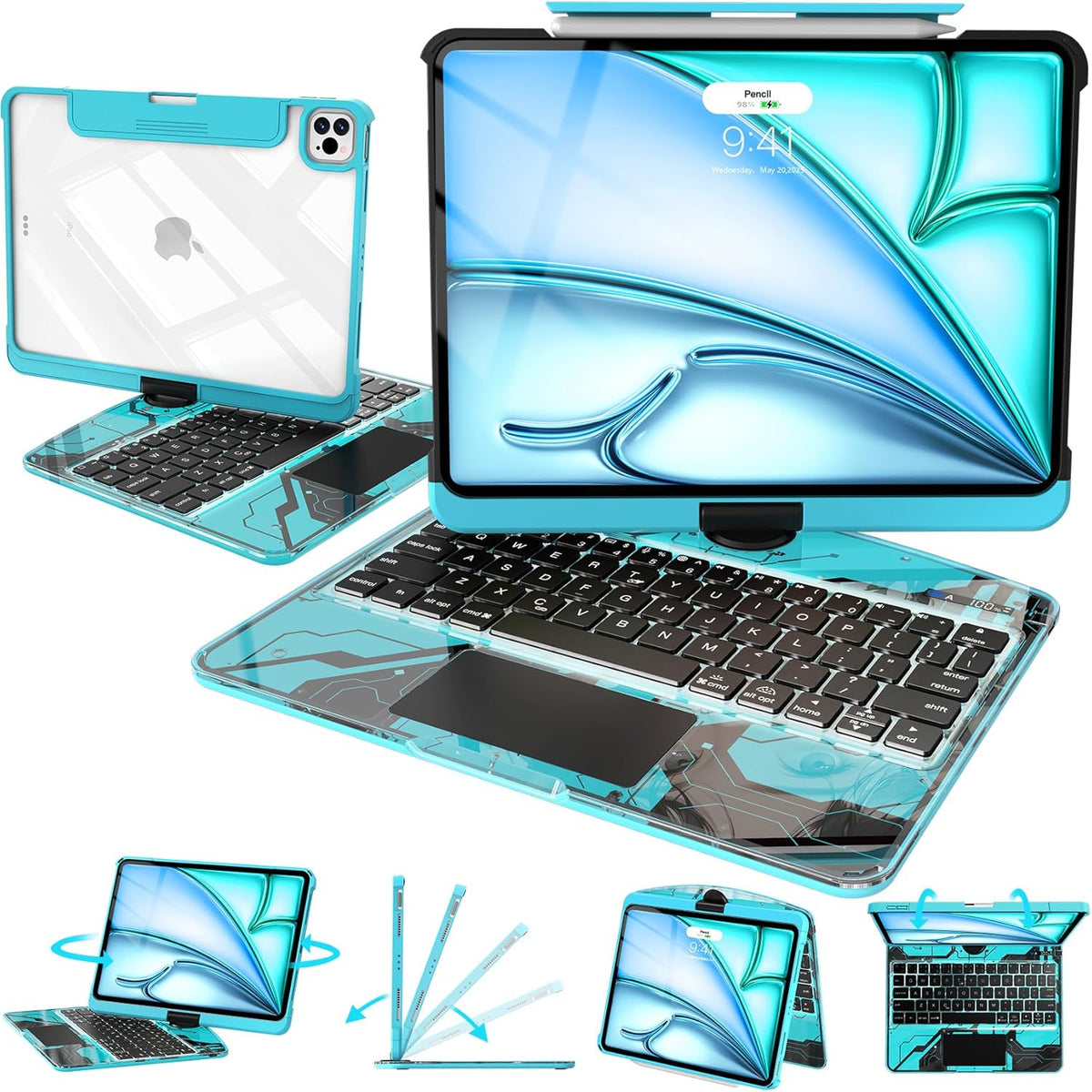 Intermerge Clear Keyboard Case for iPad Air 13" (M3/M2, 2025/2024) & Pro 12.9" (2022-2018) - 360° Rotatable Trackpad, RGB Backlit Keyboard, Pencil Holder, Power Indicator, Type-C, Nebula Core X
