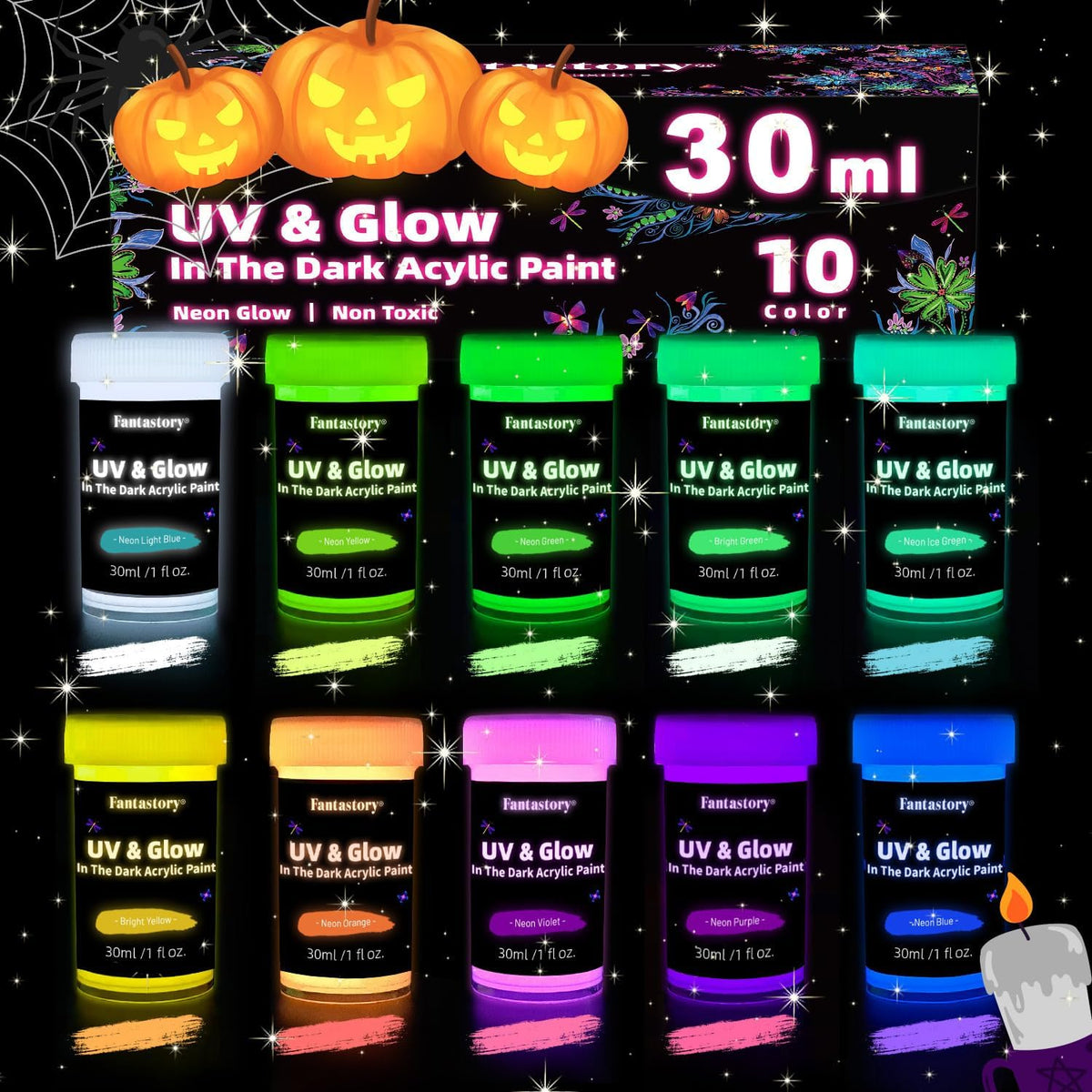 Fantastory Glow in the Dark Acrylic Paint,10 Bright Colors(30ml/1oz); Waterproof, Indoor Outdoor Black Light Paints for Halloween Rocks,Wood,DIY Crafts,Pumpkin, Adults