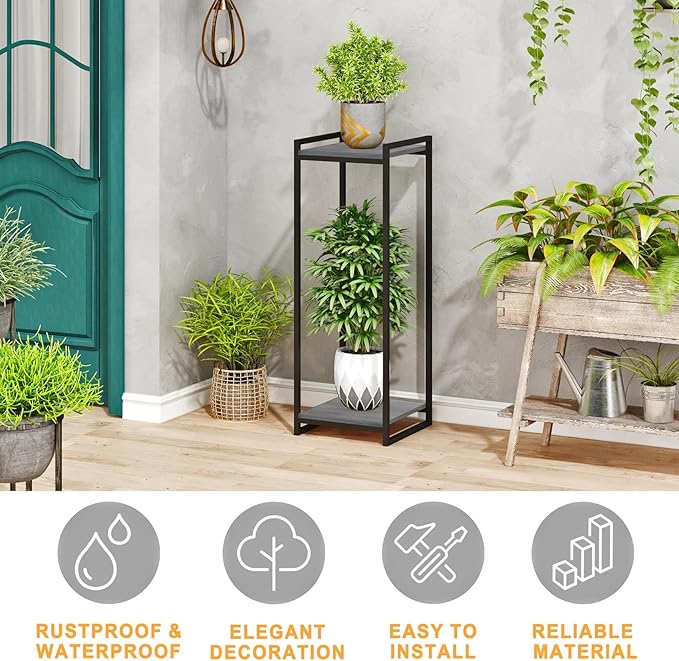 2-Tier Plant Stand Indoor, 34" Tall Modern Plant Shelf Corner Flower Pot Holder Organizer for Living Room Balcony Garden, Oak Grey