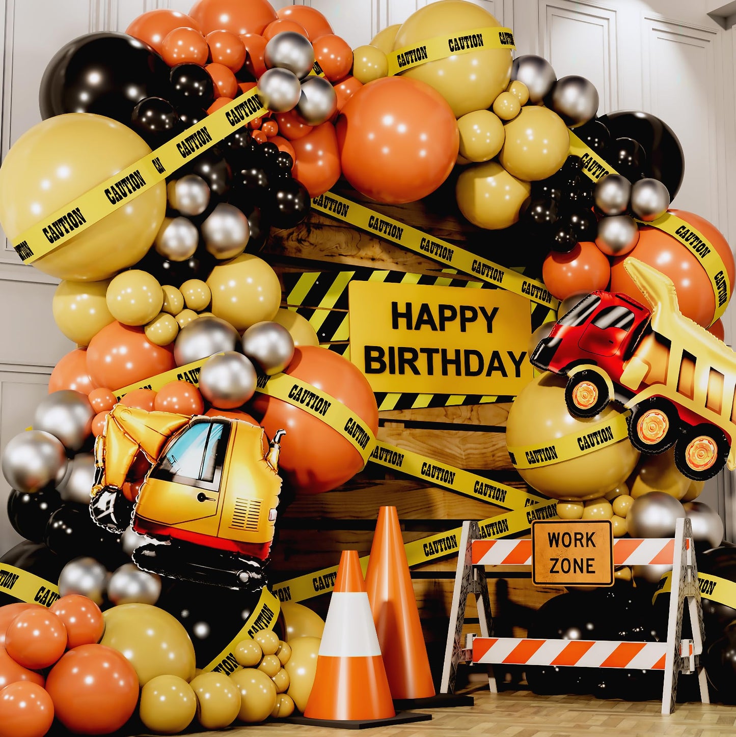 ALL-IN-1 Construction Balloon Arch Kit with BONUS Caution Tape & Truck Balloons - Construction Balloons for Excavator Birthday Decorations - Construction Birthday Party Supplies & Decorations