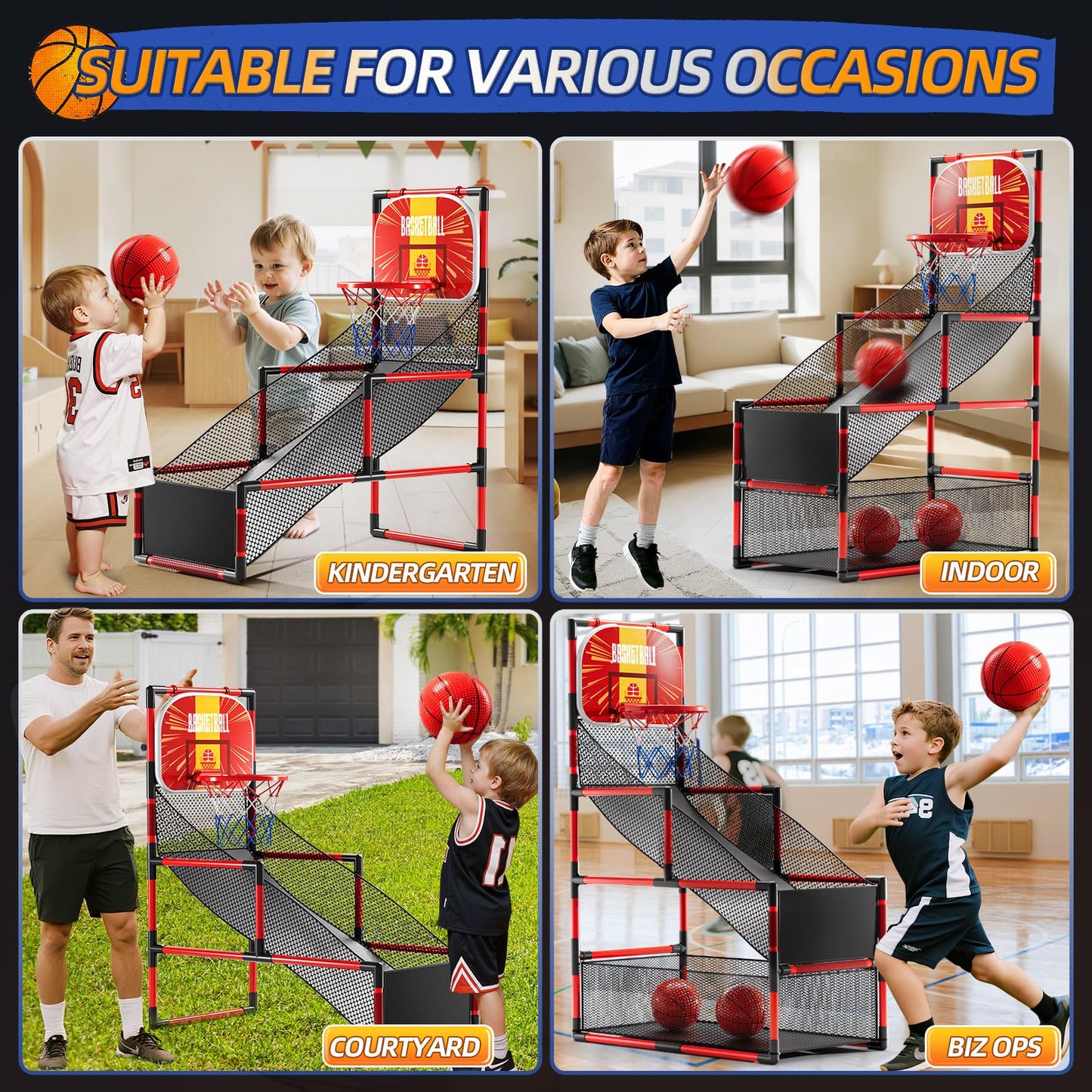 KIZONLY Arcade Basketball Game Indoor, Kids Ajustable Basketball Hoop, Outdoor Carnival Sports Play Toy with 4 Balls and Air Pump, Educational Birthday Gift for Boys Girls 3 4 5 6 7 8 Year Old (Red)