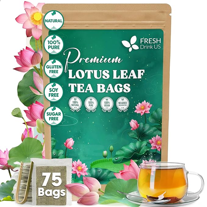 FreshDrinkUS, Premium 75 Lotus Leaf Tea Bags, 100% Natural & Pure from Lotus Leaves. Loose Leaf Lotus Herbal Tea. Made with Eco-Conscious Tea Bags. No Sugar, No Caffeine, No Gluten, Vegan.