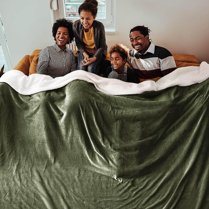 Bedsure Sherpa Fleece Oversized Cal King Blankets for Bed - Thick and Warm, Soft Fuzzy Plush Large Blanket for Winter, Olive Green, 112x98 Inches