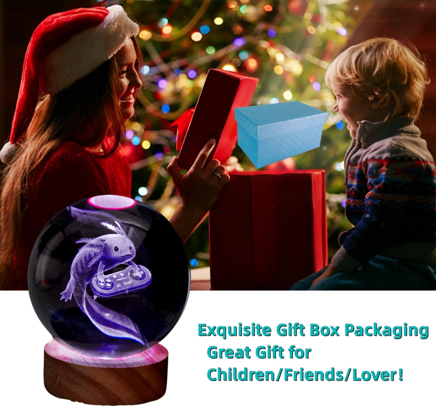 DIGFPWT Axolotl Crystal Ball Night Light, 3.15 Inch 3D Axolotl Crystal Lamp with LED Wooden Base, 16 Colors Change with Remote Control, Gift Box Packing, Gifts Ideas for Friends (Axolotl E)