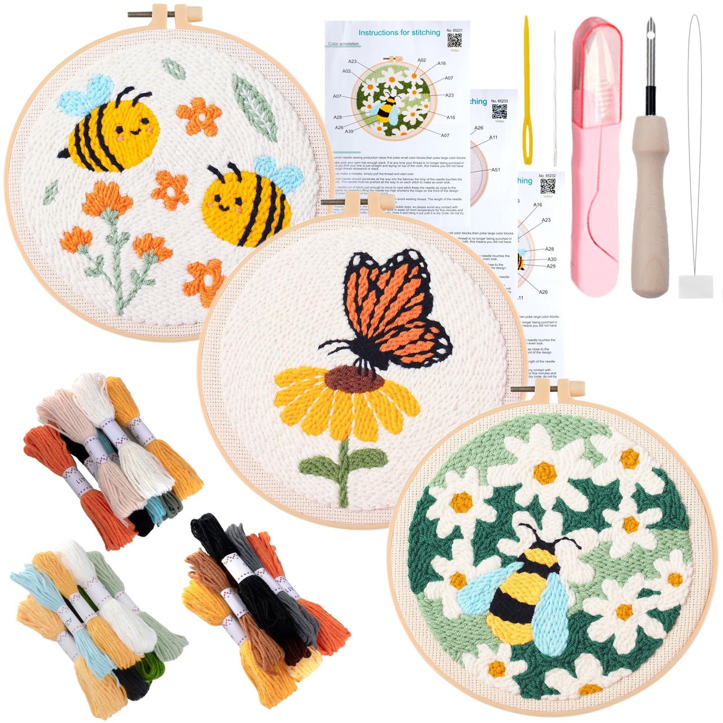 Peotclola Punch Needle Kit for Adults,3 Sets Punch Needle Kits Beginner DIY Embroidery Starter Set with Tools for Home Decoration, Family, Friends Gifts(Bees,Butterfly)