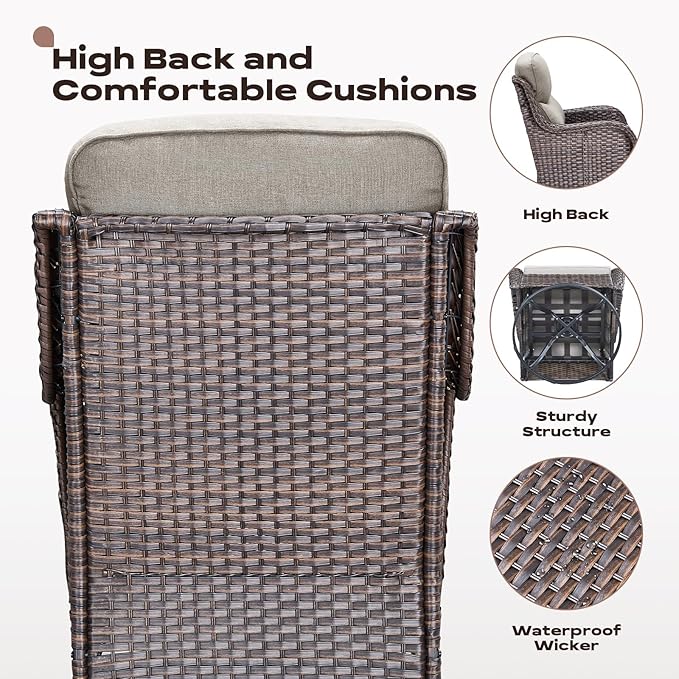 Rilyson Wicker Outdoor Patio Furniture Set - 5 Piece Patio Conversation Sets with Swivel Rocker Chairs, Ottomans and Side Table, 6 inch Cushions, Waterproof Wicker, for Porch Deck Brown/Beige