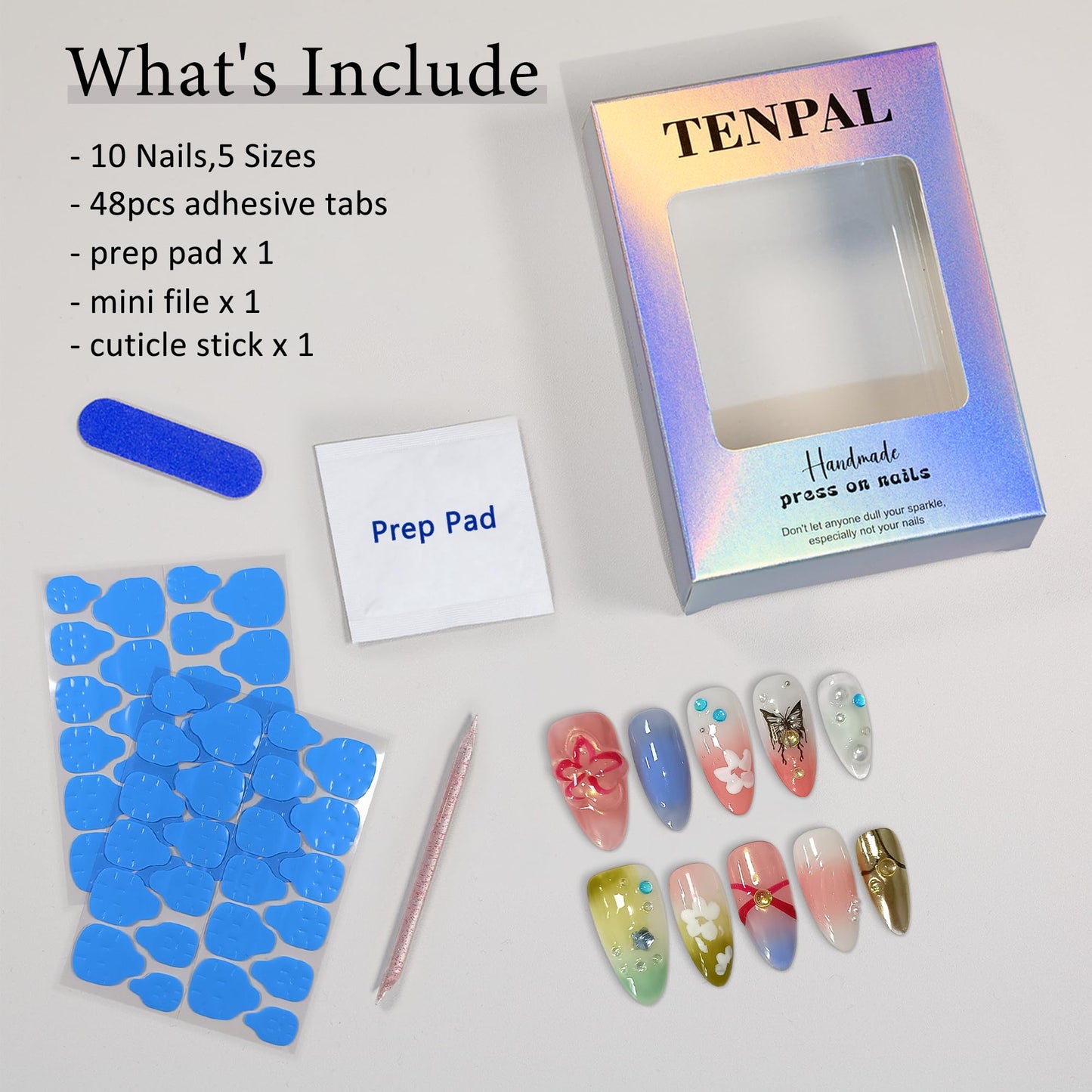 TENPAL Colorful Almond Nails,Handmade Press on Nails,Glossy Pink Green Purple Soft Gel Finished with Flower Butterfly Pattern,Acrylic Glitter Butterfly Nails For Summer(S)
