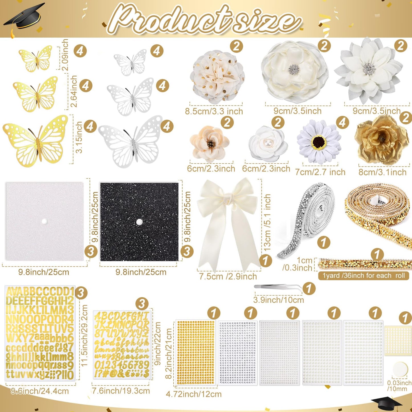 Wavwavw 63 Pcs DIY Graduation Cap Decorations Kit Include Faux Flowers 3D Butterfly Bow Self Adhesive Rhinestones and Alphabet Letter Stickers for 2026 Grad Cap Topper Decor Graduation Party(White)