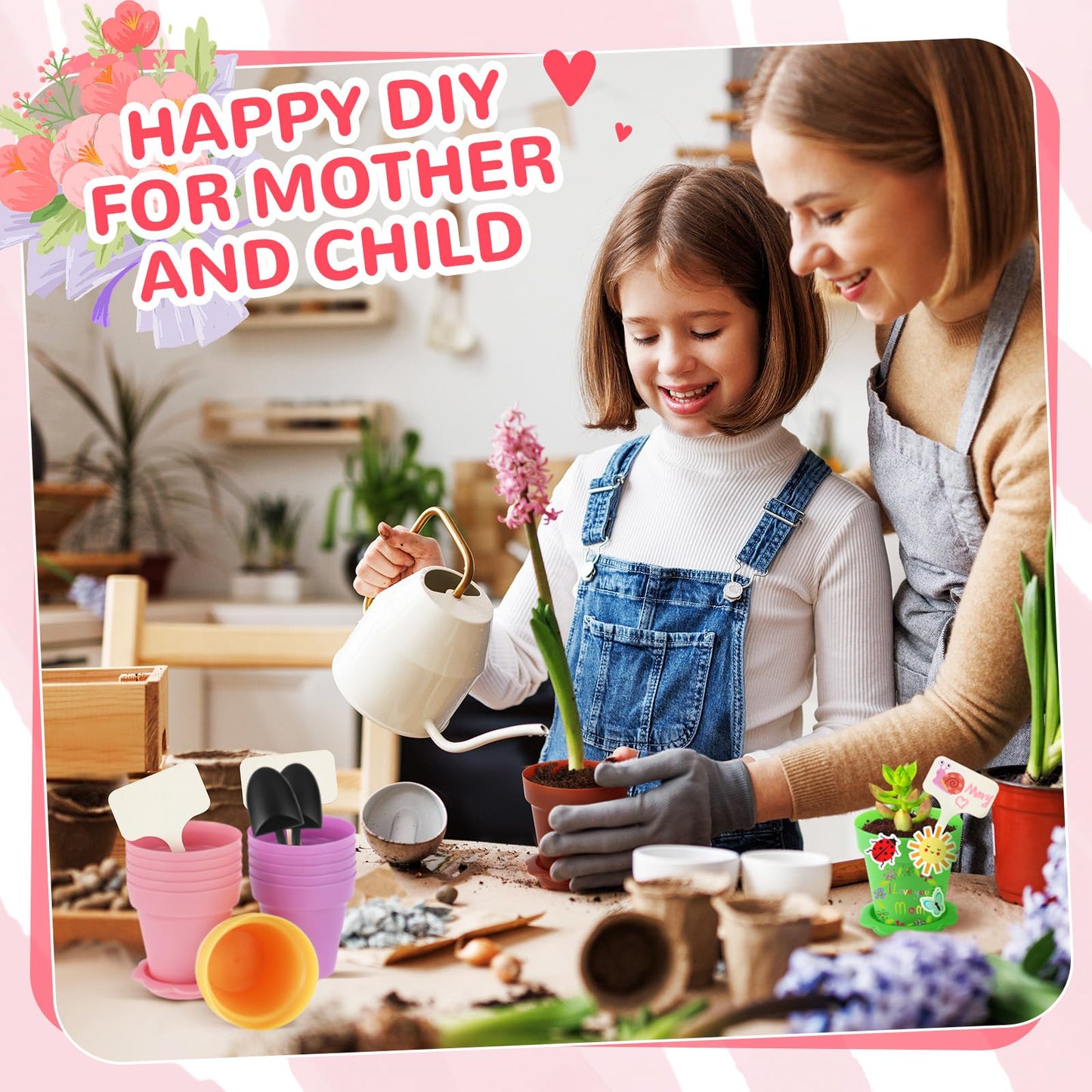 SiliFine 24 Sets Spring Kids Plant Growing Kit Flower Pots Cupcake Plant Nursery Pots Gardening Kit for Kids with Paint and Stickers Labels Name Tag for Easter Mothers Day Craft Bulk Classroom