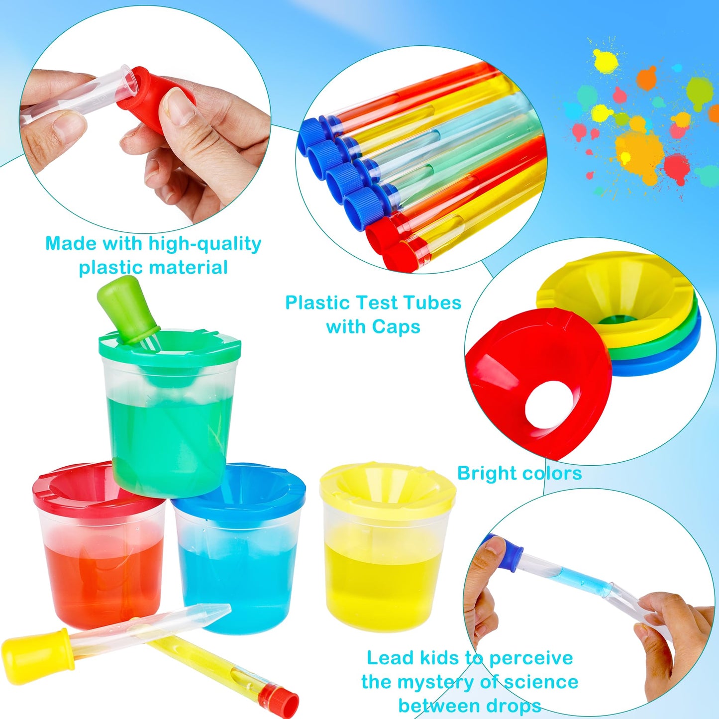 30 Pcs Science Test Tubes Set Include Clear Plastic Test Tubes with Caps Paint Cup Storage Stand Droppers for Kids Little Scientist Lab Party Supplies Color Science Experiments