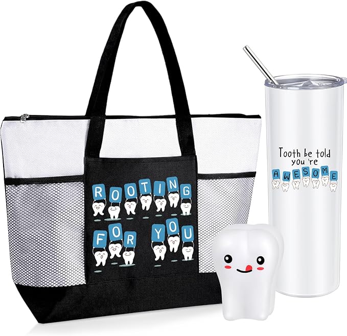 Nuogo 3 Pcs Positive Dental Hygienist Gifts Dentist Assistant Gift for Women Men Inspirational 20oz Tumbler Tote Bag Tooth Stress Toy for Dental Hygiene Month Employee Appreciation(White,Teeth)
