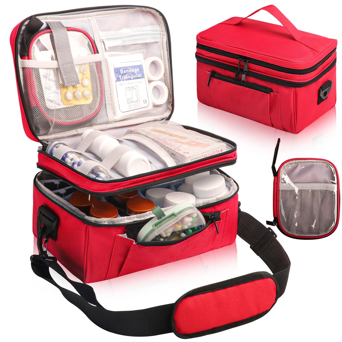 Tesuko Medicine Bag for Traveling with Portable Small Pouch, Double Layer Pill Bottle Organizer Storage Case with Lockable Zippers, Carrying Medication Travel Case with Shoulder Strap (Bag ONLY), Red