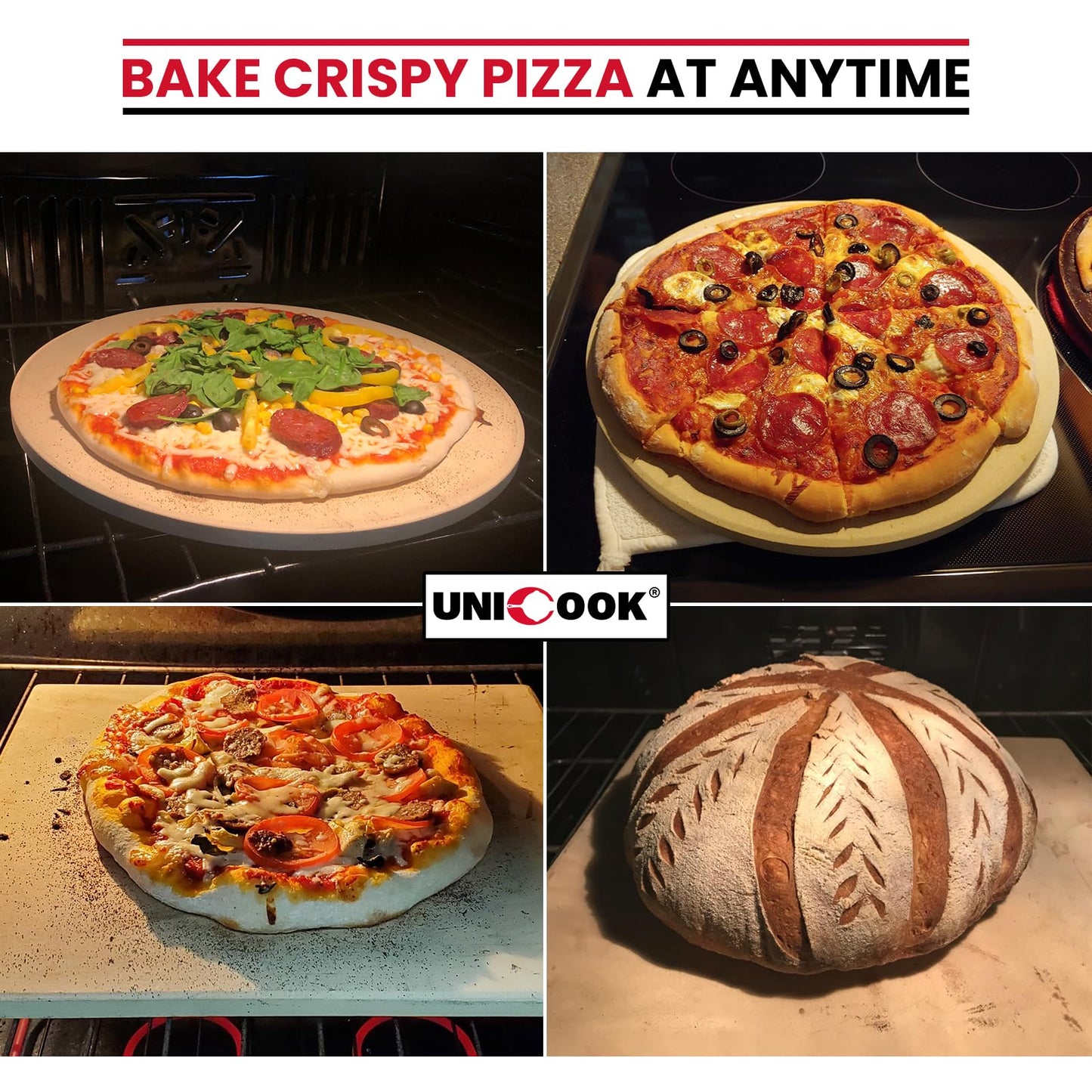 Unicook 16 Inch Round Pizza Stone, Heavy Duty Cordierite Bread Baking Stone for Oven and Grill, Thermal Shock Resistant, Ideal for Baking Crisp Crust Pizza, Bread and More, Includes Scraper