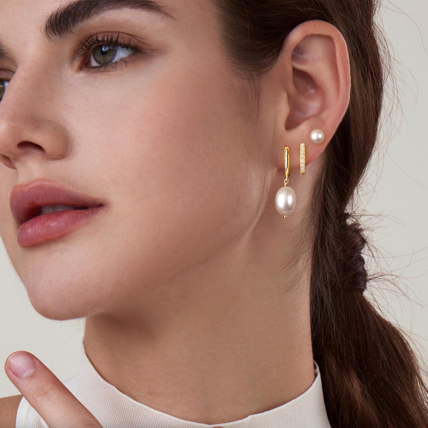 Gold Pearl Earrings for Women,Huggie Small Stack Cartilage Stud Hoop Earring Sets for Multiple Double Piercing, Conch Helix Rook Tragus Daith Piercing Gold Clip On Jewelry Set Gifts