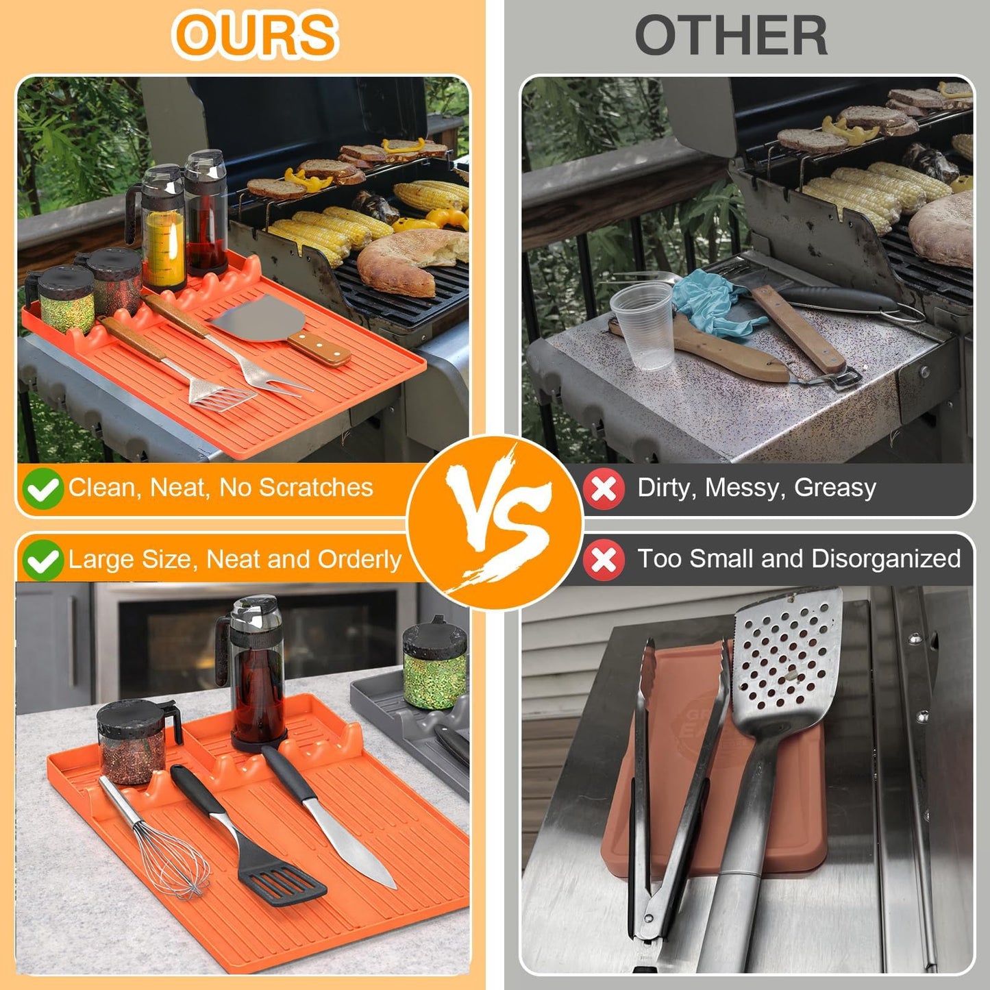 Silicone Griddle Tool Mat Compatible with Blackstone Weber - Flat Top Grill Pellet Smoker Side Shelf Spatula Mat with Drip Pad - Kitchen Cooking BBQ Grilling Accessories - Gift for Men(Orange)
