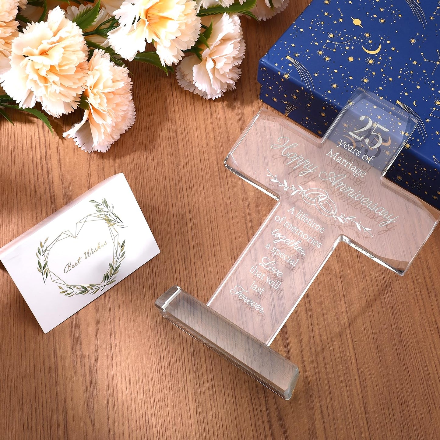 25th Wedding Anniversary for Couple Gifts, Religious Standing Cross Crystal with Wedding Keepsake Box, Laser Engraved 25 Year Anniversary Romantic Gift for Decorations, Couple, Her, Him