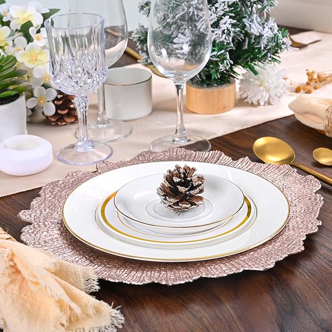 Pesonlook 24Pcs Rose Gold Charger Plates Round 13inch, Reef Plate Chargers for Dinner, Bulk Plastic Floral Table Plates for Dinner Wedding Party Event Table Setting Decoration(Rose Gold)