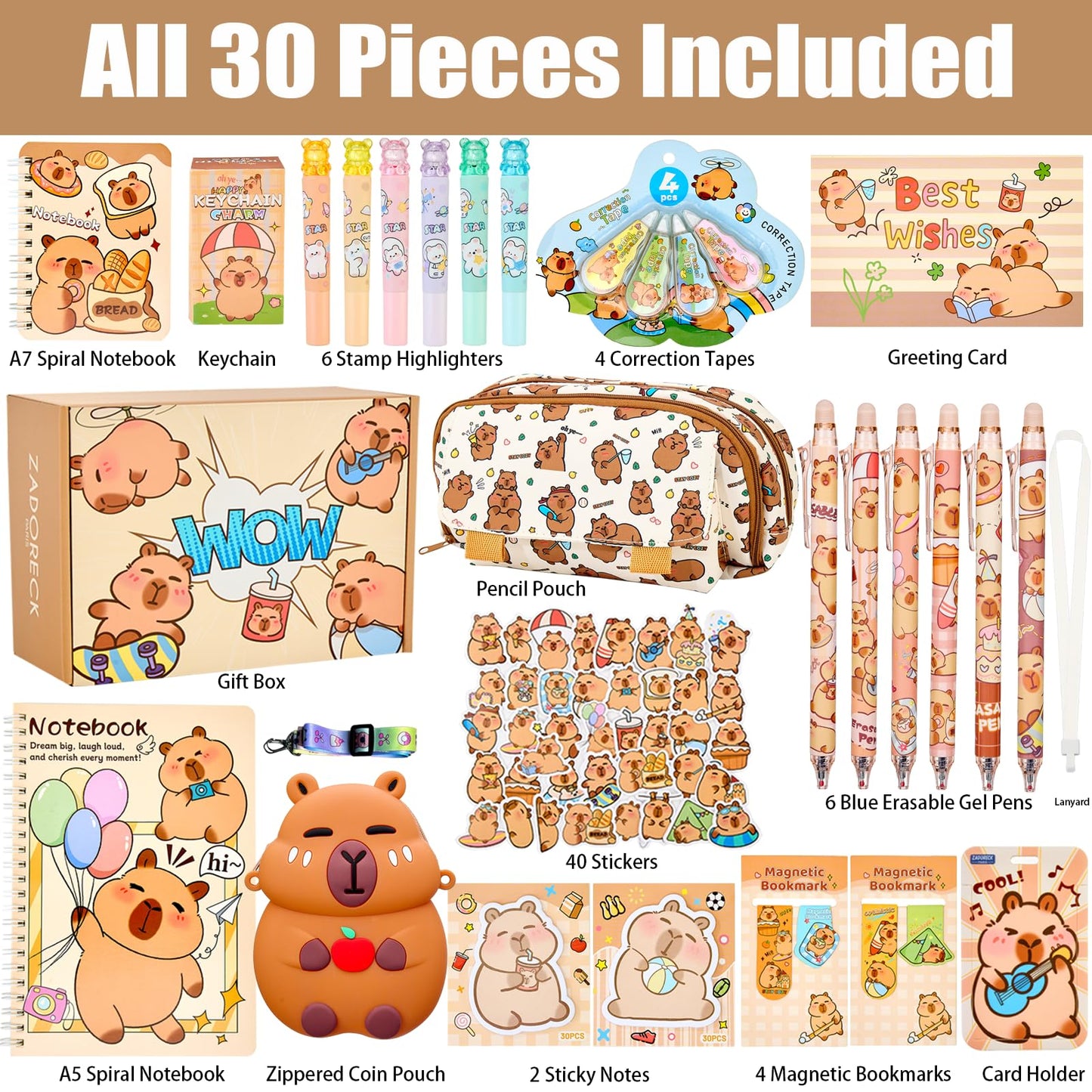 Zadoreck Cute Capybara Stationery Gift Set for Kids,30 Piece Animal Theme School Supplies Kit with Pencil Case,Notebook & Stickers,Practical and Fun for Birthday,Easter& Festivals Gift Girls Boys