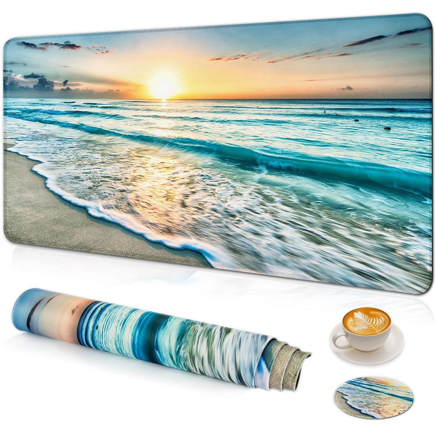 Large Gaming Mouse Pad with Coaster, Desk Matt for Desktop, Desk Pad, Mouse Pads Mat, Stitched Edges Big Extended Mousepad for Computer Keyboard Laptop Office Decor, 31.5'' x15.6''-Beach