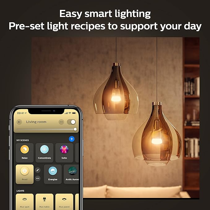 Philips Hue Smart Light Starter Kit - Includes (1) Bridge and (4) 75W A19 E26 LED Smart White Ambiance Bulbs - Control with App - Compatible with Alexa, Google Assistant, and Apple HomeKit
