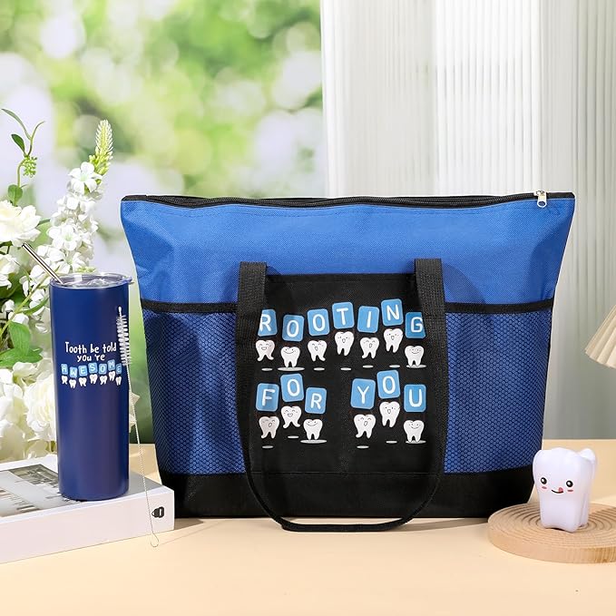 Nuogo 3 Pcs Positive Dental Hygienist Gifts Dentist Assistant Gift for Women Men Inspirational 20oz Tumbler Tote Bag Tooth Stress Toy for Dental Hygiene Month Employee Appreciation(Blue,Teeth)
