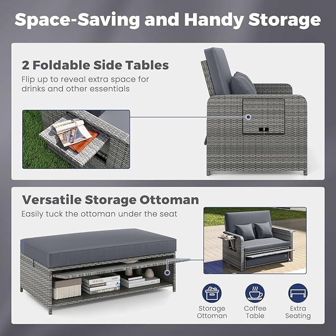 HAPPYGRILL Patio Rattan Wicker Daybed with Loveseat & Storage Ottoman, Outdoor Lounge Sofa Furniture Set with Adjustable Backrest & Side Trays, for Poolside Deck Porch Lawn (Mix Grey & Grey)