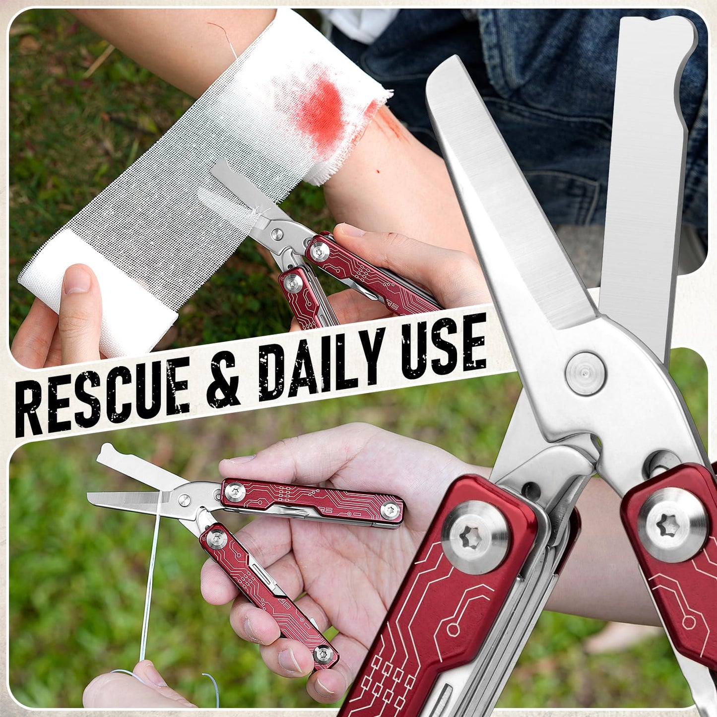 BIBURY Mini Keychain Multitool Scissors BI2061R, 9 in 1 Multitool EDC Scissors with Screwdriver, Bottle Opener, Pocket Knife, Spring -Mini Multi Tool for Outdoor, Daily Use, Gifts for Men and Women