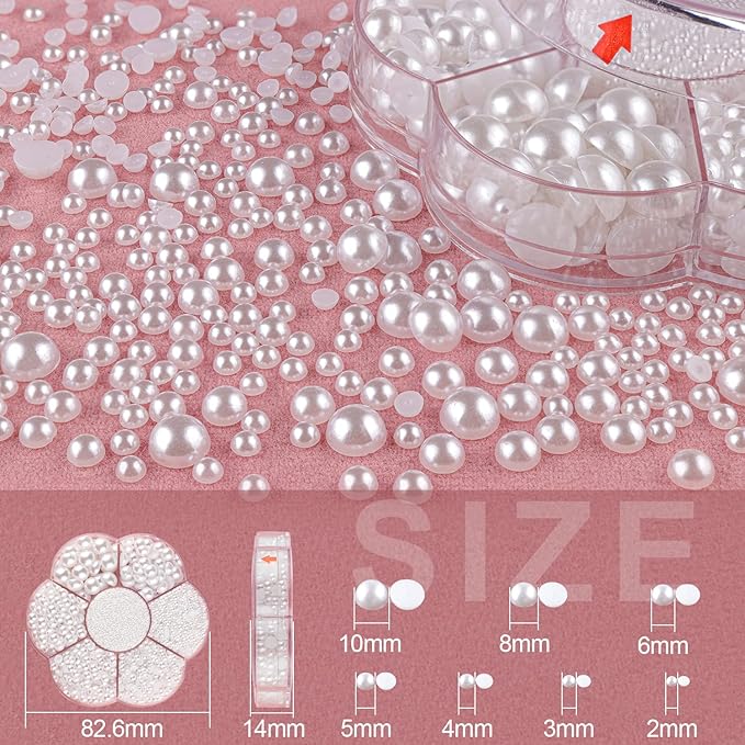 Nail Art Flat Back Half Round Pearl Kits 7, 1 Box of 2400 Pcs Flat-Back White Pearl with Tweezer and Picker Pencil for Home DIY Nails Body Face Craft and Salon Use
